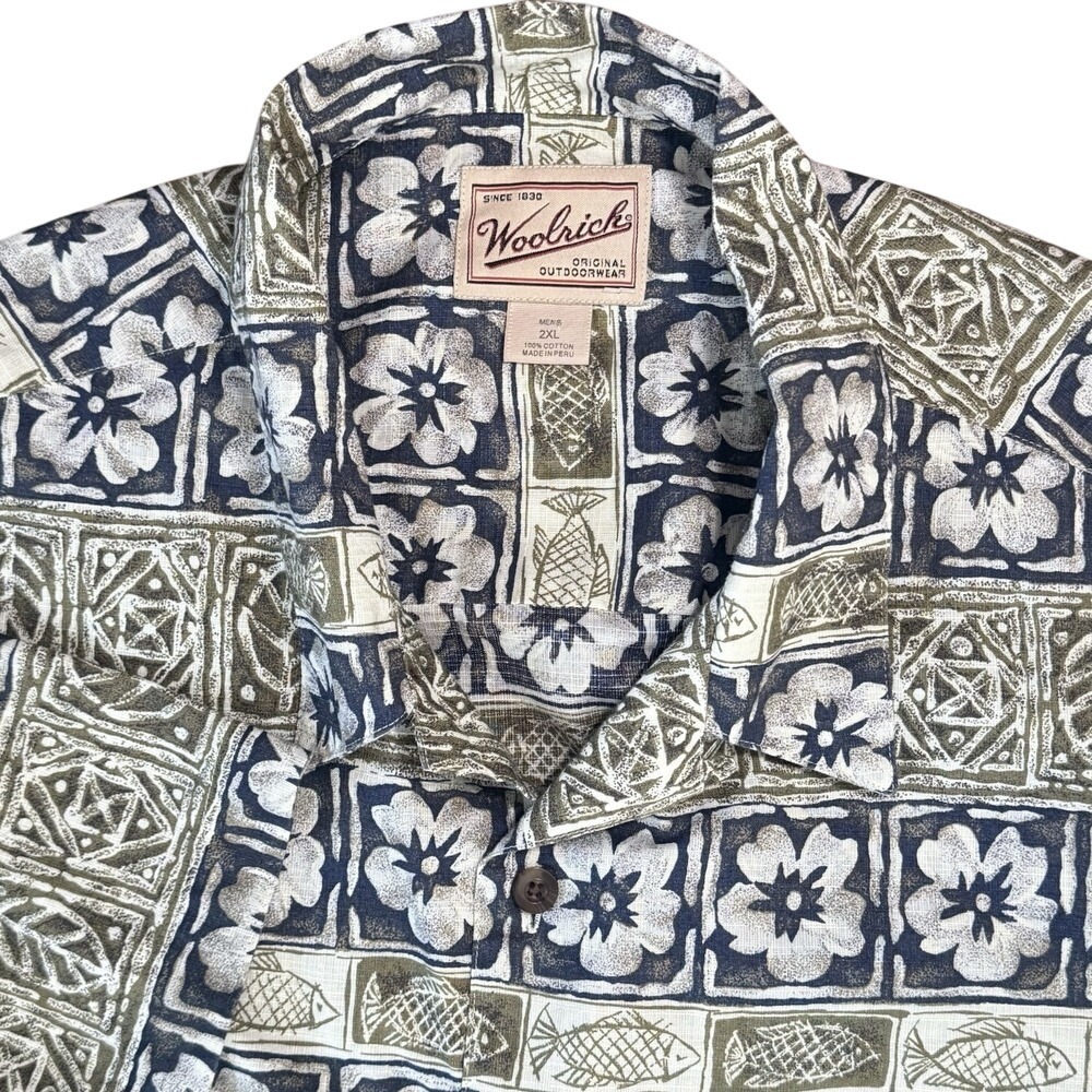 Woolrich Mens 2XL Blue Green Tropical Short Sleeve Button Front Shirt